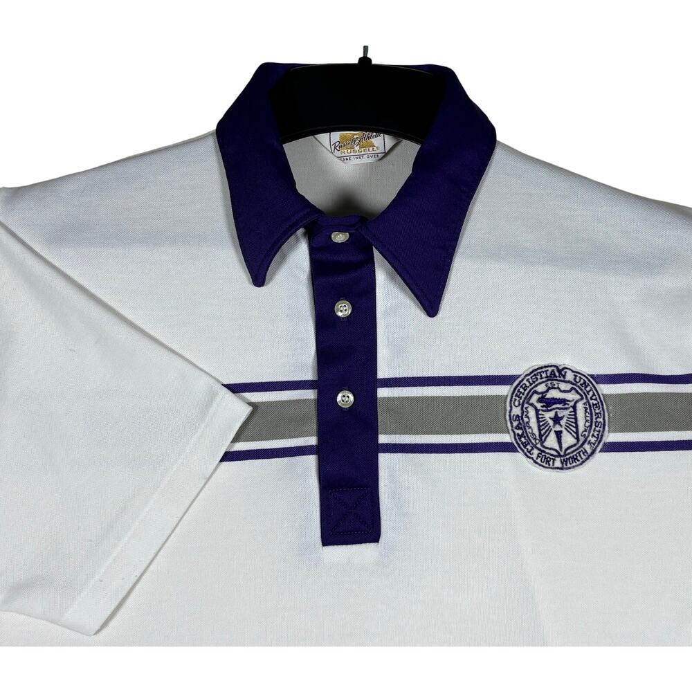 Vintage Russell Athletic TCU Texas Christian University Polo Shirt White Purple‎